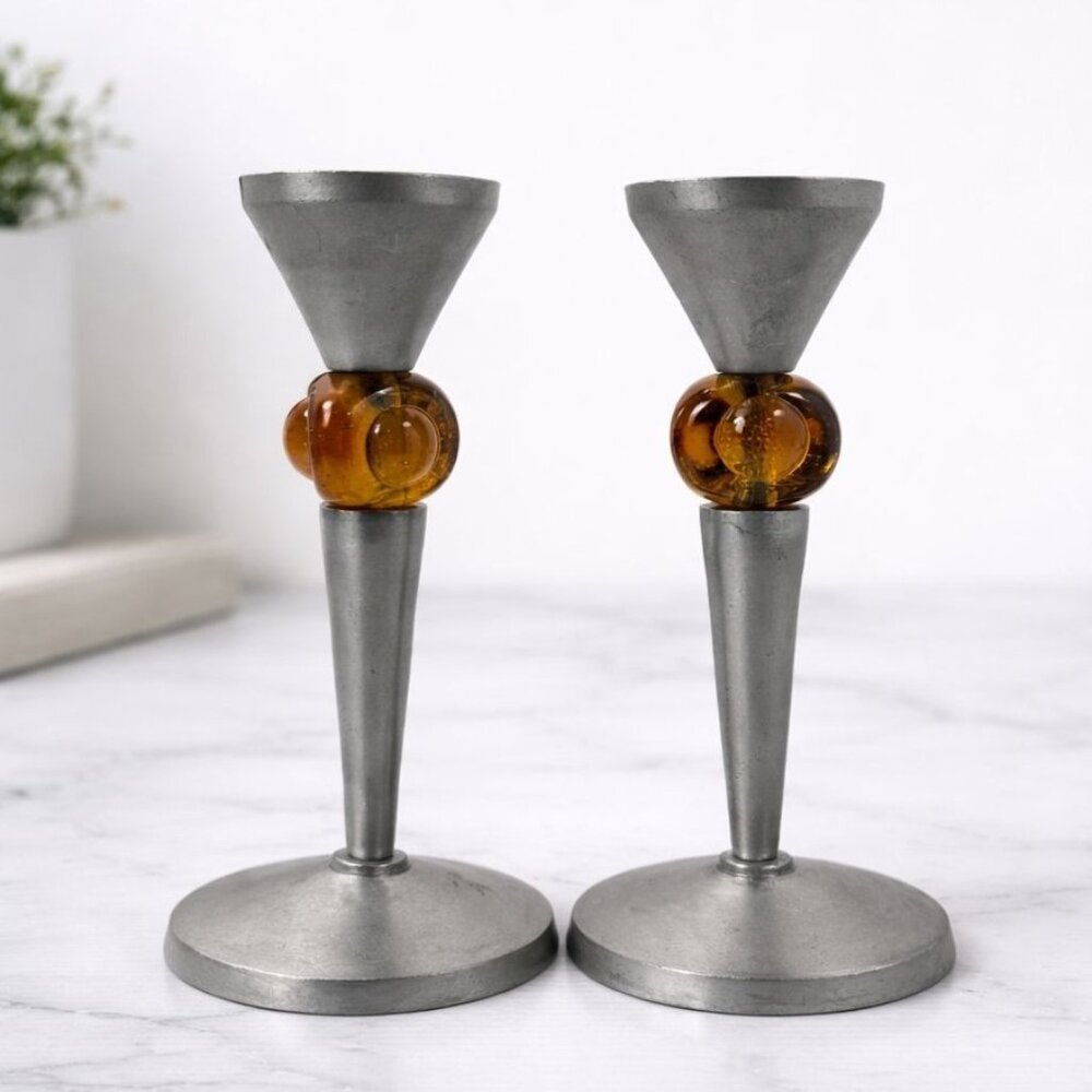 Mid Century Modern Aluminum & Amber Glass Candlestick‎ Holders Set Of 2
